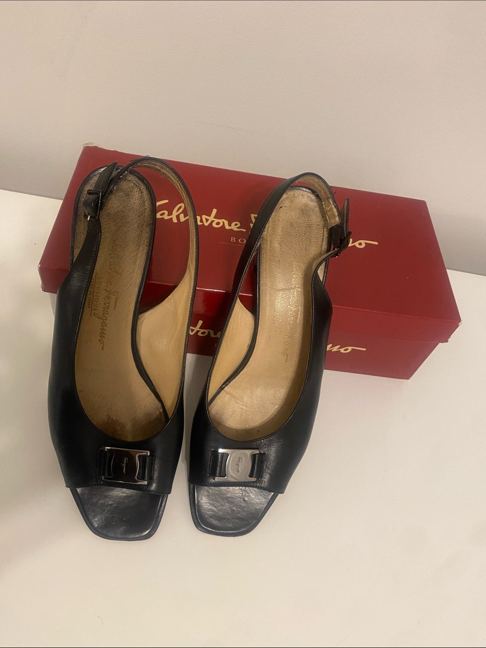 Salvatore Ferragamo Vintage Black Leather Slingback with Logo Accent